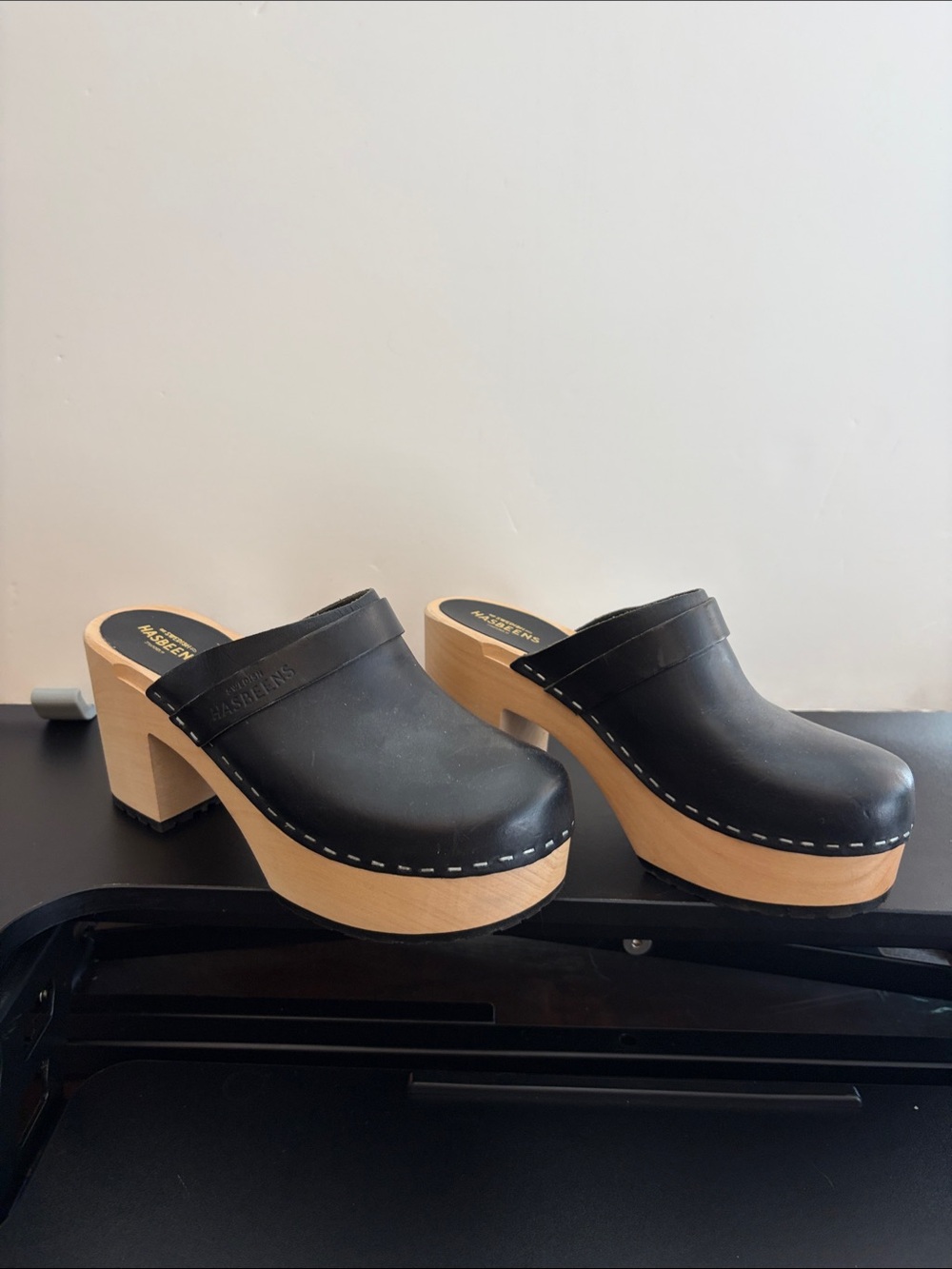 Swedish Hasbeens Black Leather Clog Mules with Wood Platform